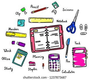 Office stationary kit, hand drawn vector, cartoon style, with hand written names