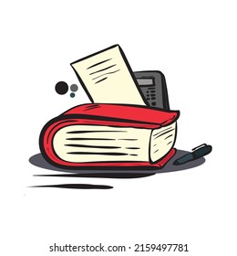 office stationary vector illustration. books, paper, calculator and ballpoint 