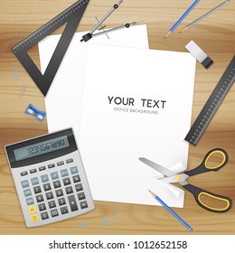 Office stationery accessories realistic background poster with scissors ruler calculator and blank your text paper vector illustration 