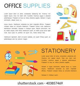 Office and stationery. Background for banners, brochures, business cards. Illustration with bright stationery items.
