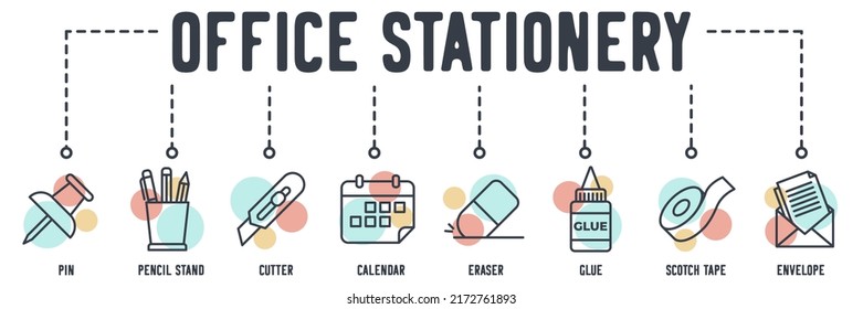 Office Stationery banner web icon. pin, pencil stand, cutter, calendar, eraser, glue, scotch tape, envelope vector illustration concept.