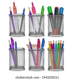 Office and stationery in the basket on white background, vector illustration