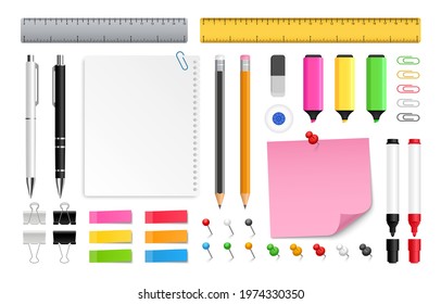 Office stationery big set. School supplies collection. Pens, pencils, colored markers, eraser rubber, ruler, note paper, pins and paper clips. Vector illustration.