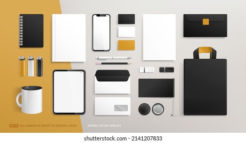 Office Stationery Brand Identity Blank Mock-Up Set White And Black Design. Business Stationary Mockup Template Of  Annual Report Cover, Tablet Display, Bag, Brochure, Souvenirs. Editable Vector