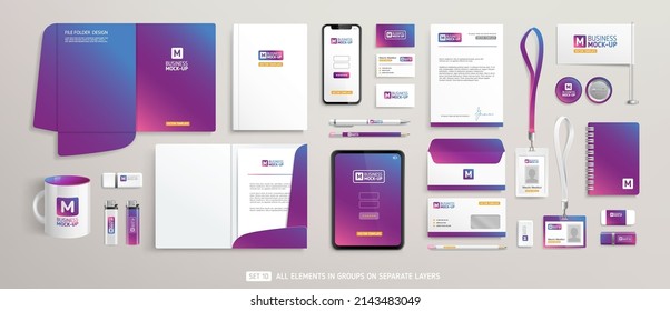 Office Stationery Brand Identity Mock-Up Set With Gradient Background. Business Stationary Mockup Template Of File Folder, Annual Report Cover, Envelope, Brochure, Souvenirs, Etc. Editable Vector