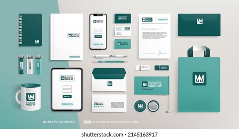 Office Stationery Brand Identity Mock-Up set with crown logo design. Business stationary mockup template of File folder, annual report cover, bag, brochure, souvenirs, etc. Editable vector