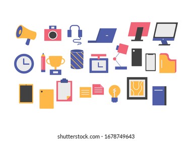 Vektorillustration zur  des Flachdesigns von Bürotaetigen Clock Camera Notebook-PCs mit Pop-Farbstil