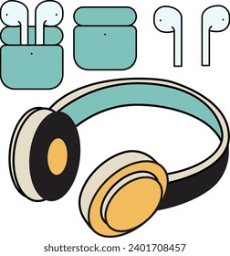 office stationery comfortable cretive computer head phone coffee vector