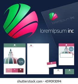 Office stationery design, business documentation. Vector set of pink and green template for corporate activity