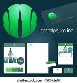 Office stationery design, business documentation. Vector set of green template for corporate activity