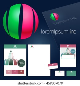 Office stationery design, business documentation. Vector set of pink and green template for corporate activity