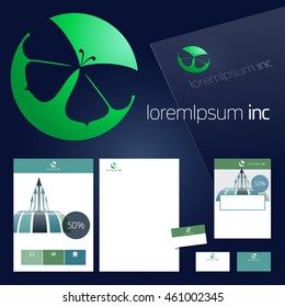 Office stationery design, business documentation. Vector set of green template for corporate activity