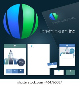 Office stationery design, business documentation. Vector set of green and blue template for corporate activity
