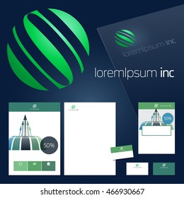 Office stationery design, business documentation. Vector set of green template for corporate activity
