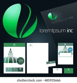 Office stationery design, business documentation. Vector set of green template for corporate activity