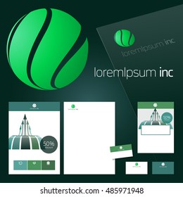 Office stationery design, business documentation. Vector set of green template for corporate activity