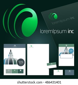 Office stationery design, business documentation. Vector set of green template for corporate activity