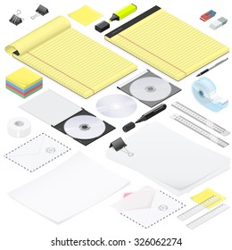 Office stationery detailed isometric icon set vector graphic illustration