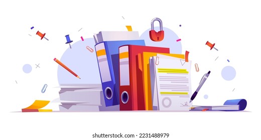 Office stationery and documents on desk, papers, files, folders, pen or pencil with notepad and pins, clips and sticky notes. Paperwork items on table, secretary workplace, Cartoon vector illustration