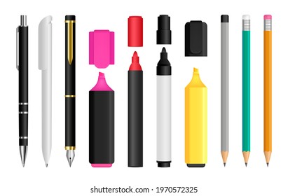 Office stationery for drawing and writing. Pens, pencils and colored markers. Fountain pen, ballpoint pen, wooden pencil and text marker. School writing items. Vector illustration.