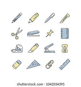 Office stationery flat linear icon set. School supplies icons. Pencil, Marker, Pen, Paper knife, Scissors, Stapler, Pin, Notebook, Sticky tape, Glue, Hole punch, Pencil sharpener, Eraser, Rulers
