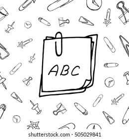 Office Stationery: Hand Drawn Pattern with Crafted Sketch Icons for Print on Fabric. Handmade Doodles for Printing Design. Hand-drawing elements. Vector Illustration with drawing Sketch-art objects.
