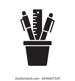 Office stationery holder icon with pen pencil and ruler for school supplies writing instrument and desk organization in a modern workplace vector solid glyph icon