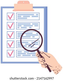 Office stationery in human hand. Magnifying glass or lens to look at text on paper document. Person with loupe looking at data clipboard, survey. Data analysis, information exploration concept