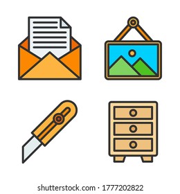 Office Stationery icon set (Filled Line) = email, image frame, cutter, cabinet drawer.
Perfect for website mobile app, presentation, illustration and any other projects.