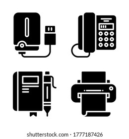 Office Stationery icon set = hard disk, telephone, pen book, printer.
Perfect for website mobile app, presentation, illustration and any other projects.