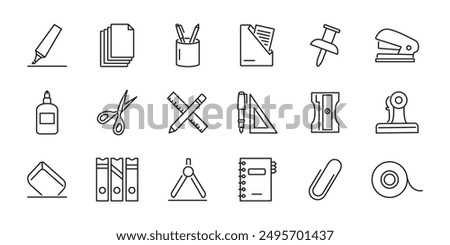 Office stationery icon set. Stationery items. Vector illustration.