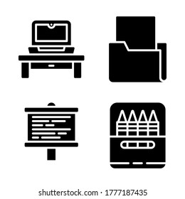 Office Stationery icon set = laptop desk, file, board, crayon.
Perfect for website mobile app, presentation, illustration and any other projects.