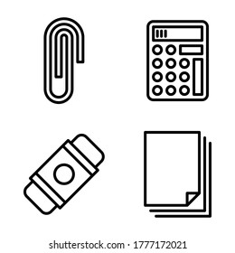 Office Stationery icon set = paper clip, calculator, eraser rubber, files.
Perfect for website mobile app, presentation, illustration and any other projects.