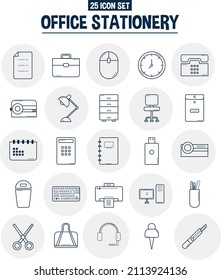 office stationery icon set thin line, lineal icon for business, school editable stroke