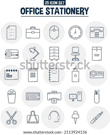 office stationery icon set thin line, lineal icon for business, school editable stroke