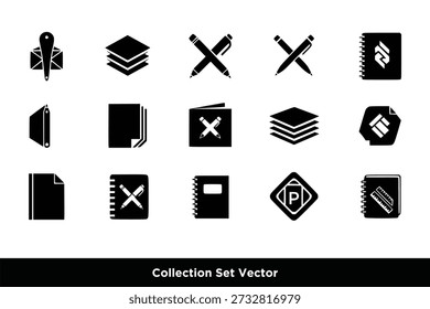 Office Stationery Icon Set Vector, Document Paper and School Supply Symbols