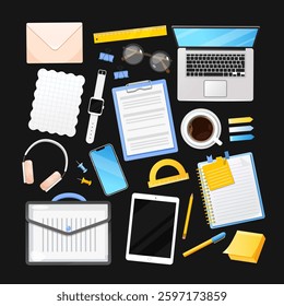 Office stationery icons cartoon set includes digital devices laptop, tablet, smartphone, notebook, headphones, eyeglasses, cup of coffee, etc. isolated on white background. 