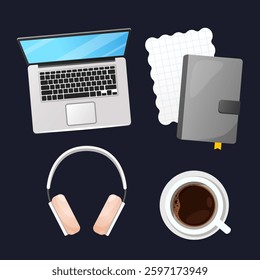 Office stationery icons cartoon set includes laptop, notebook, headphones and cup of coffee isolated on white background. 