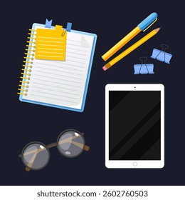Office stationery icons cartoon set includes tablet, eyeglasses, notepad, pen and pencil, binders isolated on white background.	