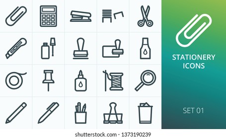 Office stationery icons set. Set of clip, stapler, cutter knife, staples, stamp ink pad, binder clip, pen, scissors vector icons