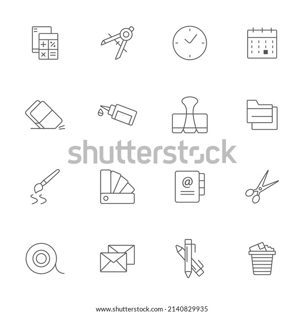 Office stationery icons set\
. Office stationery pack symbol vector elements for infographic\
web