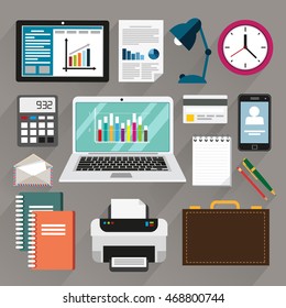 Office stationery items and equipment set of flat design illustration