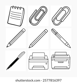 Office Stationery line art vector bundle set