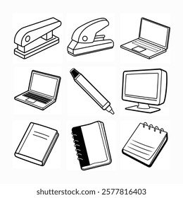 Office Stationery line art vector bundle set