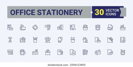 Office Stationery linear icon. Included folder, pencil, paint, brush, glue, file, marker. Stationery modern icons set. Icons for website. Vector icon and illustration.