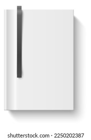 Office stationery. Realistic white notepad with bookmark. Planner copybook. Blank book cover. Paper organizer. Notebook with shadow. Hardcover textbook. Vector pocketbook