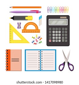 Office stationery set. Calculator, pen, pencil, eraser and sharpener isolated on white background. Vector illustration of rulers, clips, buttons, notebooks and scissors in cartoon flat style. 