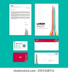 Office Stationery Set Design with Abstract Line Perspective Composition