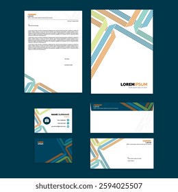 Office Stationery Set Design with Abstract Line Stroke Composition