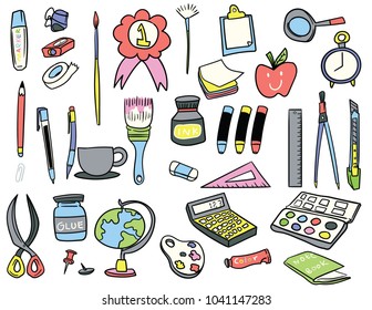 Conjunto de papel de carta do Office de gráfico vetorial. Lápis, canetas, marcadores, tintas, tesouras.